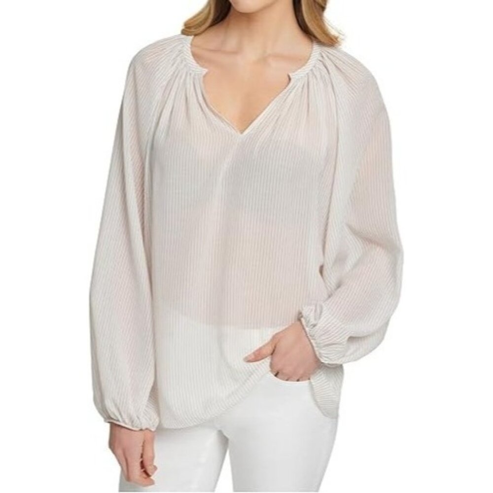 DKNY Womens Striped Sheer Peasant Top Ivory Small